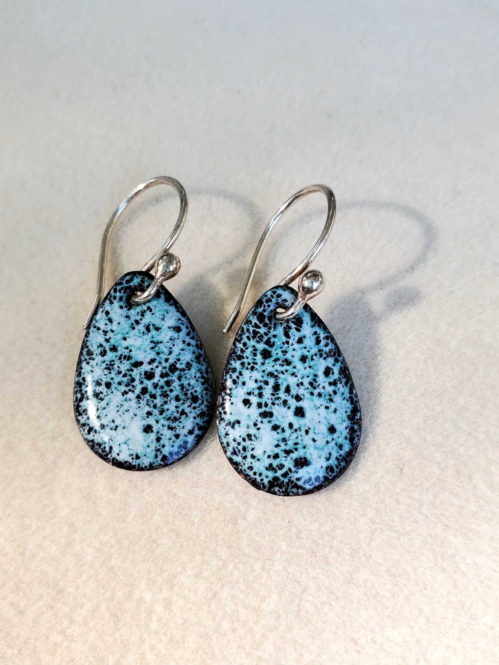 Speckled Aqua Teardrop Enamel Earrings with Sterling Silver Hooks